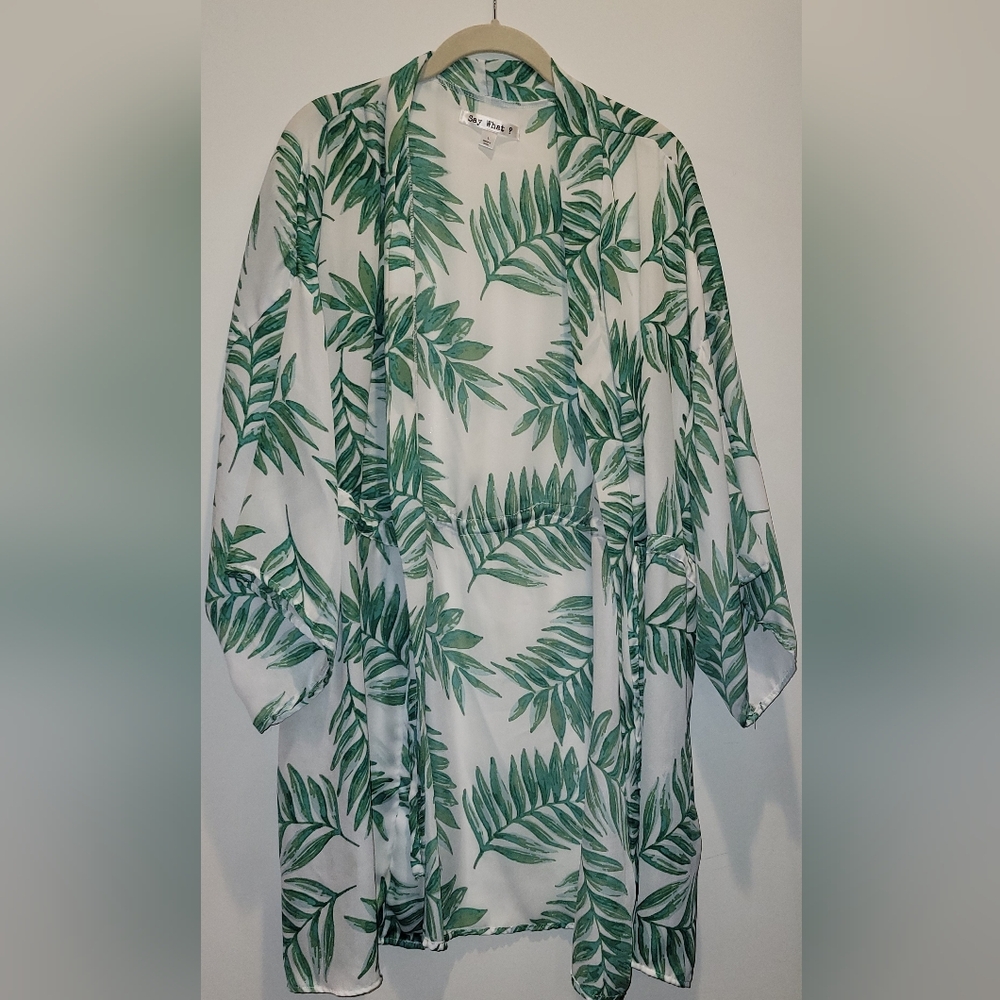 Tropical Print Swim Coverall Green And White Kimono